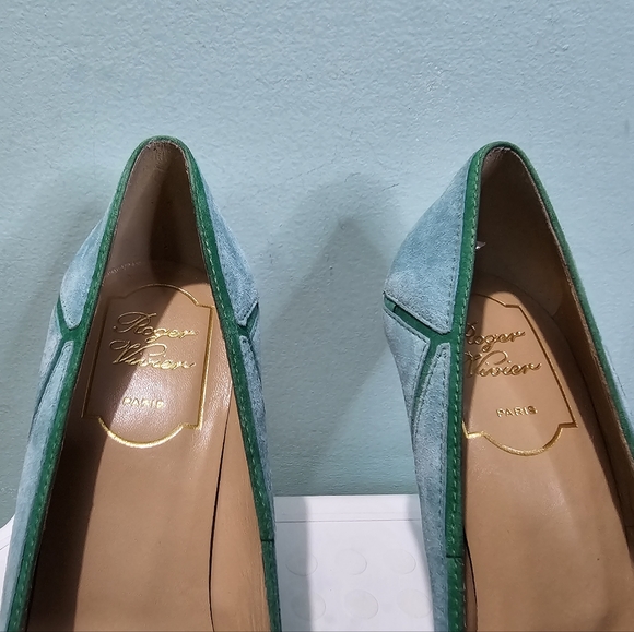 NEW ROGER VIVIER Green Suede Two Tone Leather Pointed Toe Stiletto Heels sz 36 - Picture 6 of 15